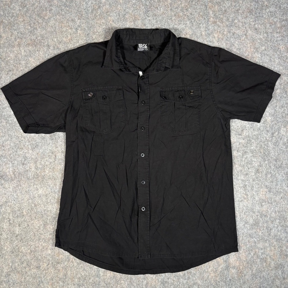 Enyce‎ Button Down Shirt Mens Large Black Short Sleeve Utility Pocket VTG Combs